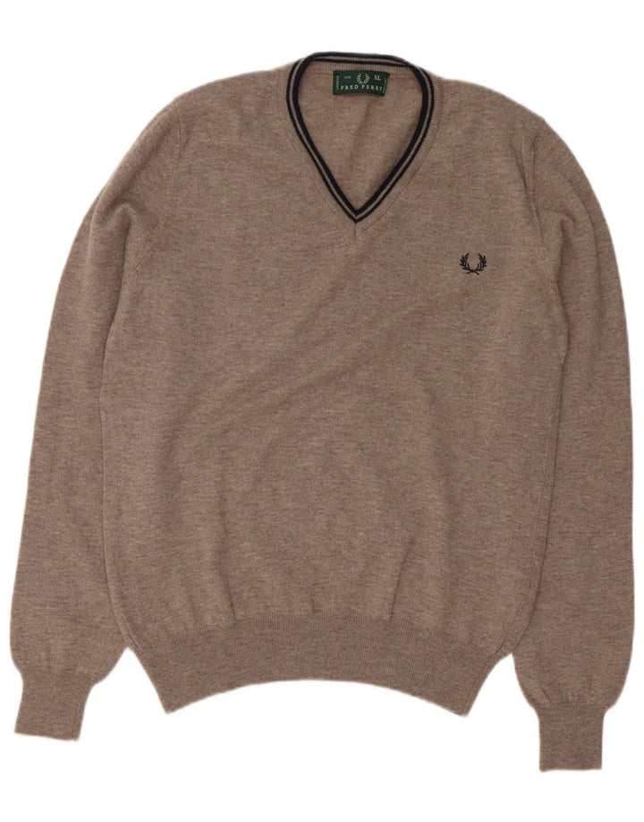 Fred Perry Herre V-hals sweater XL Brun Flecked Wool