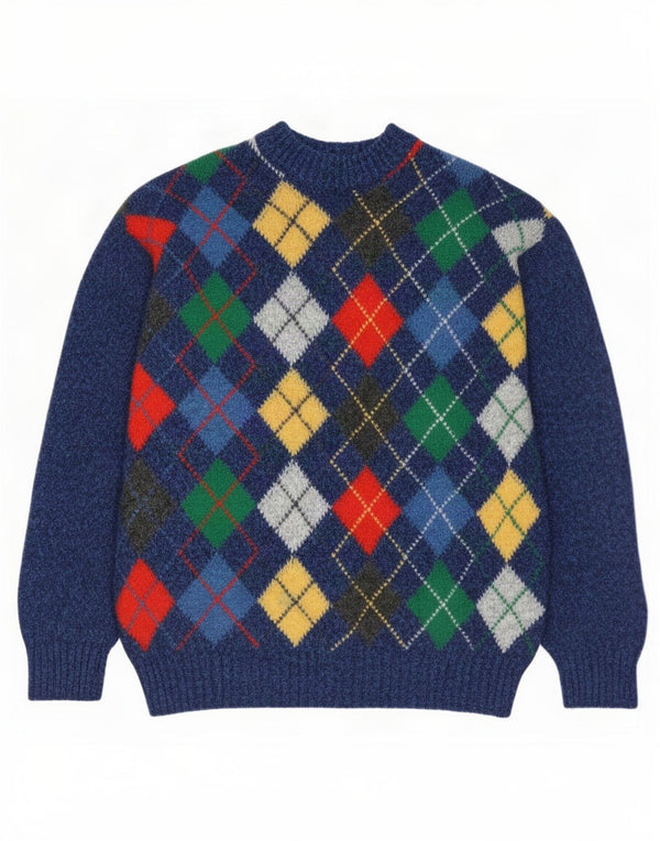 Vintage Mens Crew Neck Jumper Sweater IT 50 Medium Blue Argyle/Diamond Wool