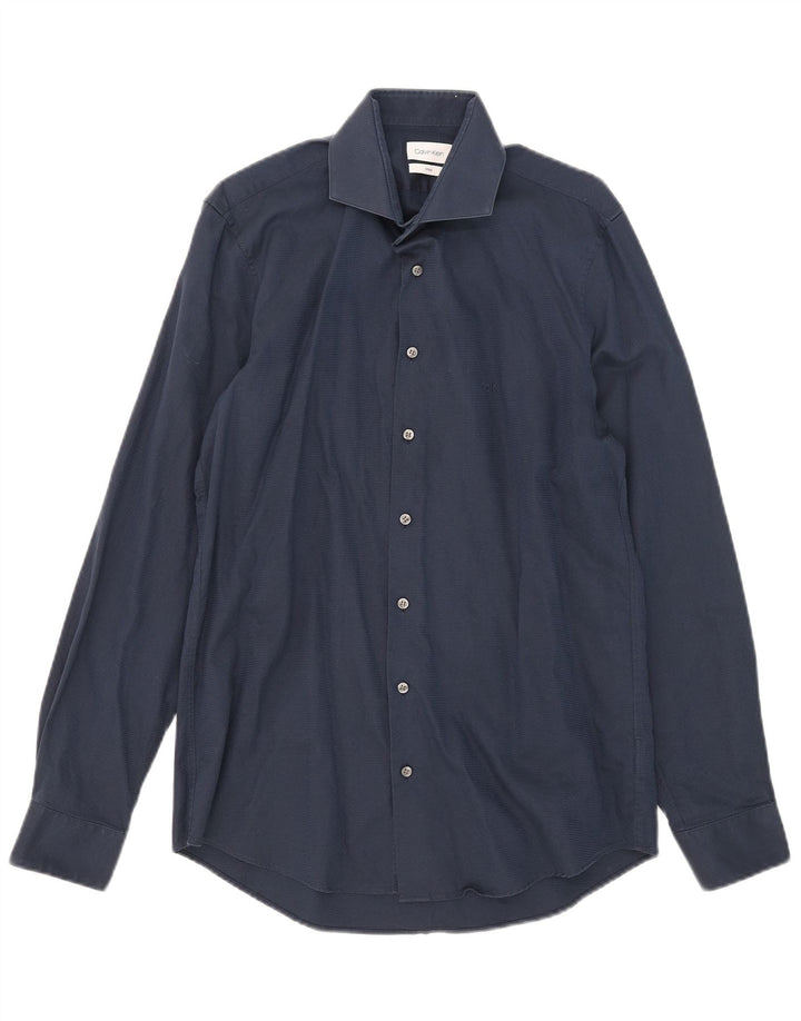 Calvin Klein Herre Fitted Shirt Størrelse 39 15 1/2 Medium Navy Blue Nålestribe