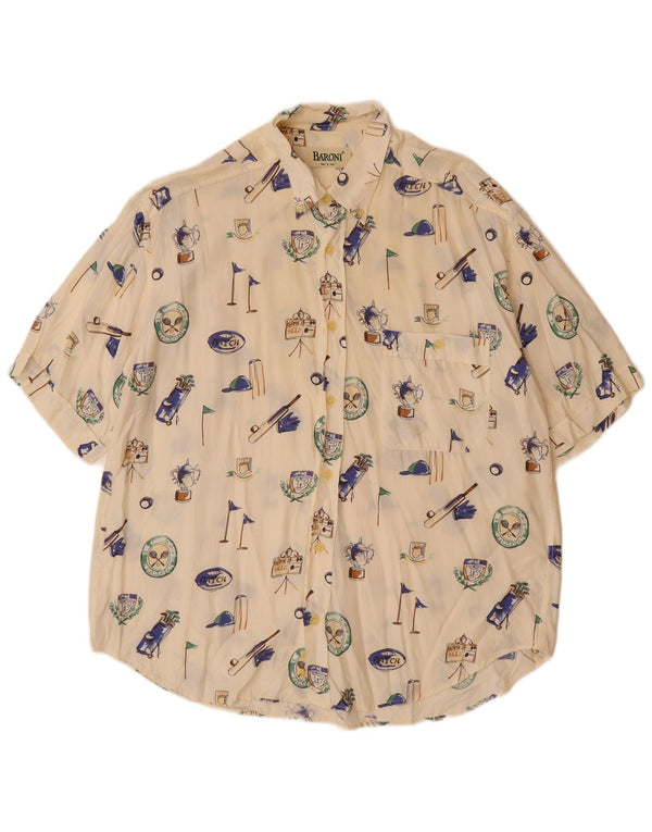 BARONI Herre grafisk kortærmet skjorte, stor off-hvid viskose