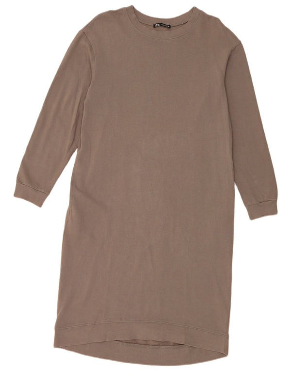 Zara Dame Langærmet Jumper Dress UK 10 Small Grey Bomuld