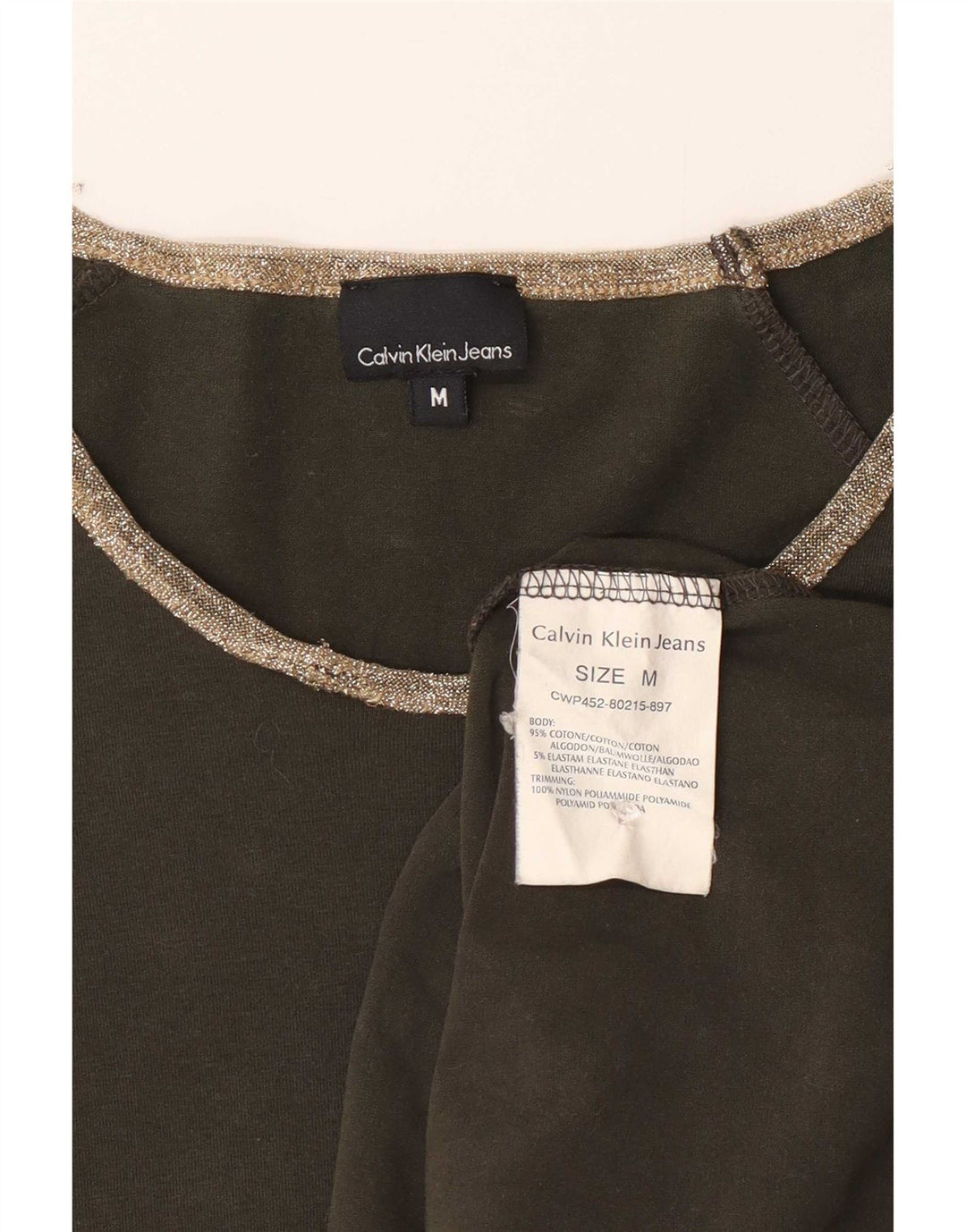 Calvin Klein Jeans Dame Top Langærmet UK 12 Medium Khaki Bomuld