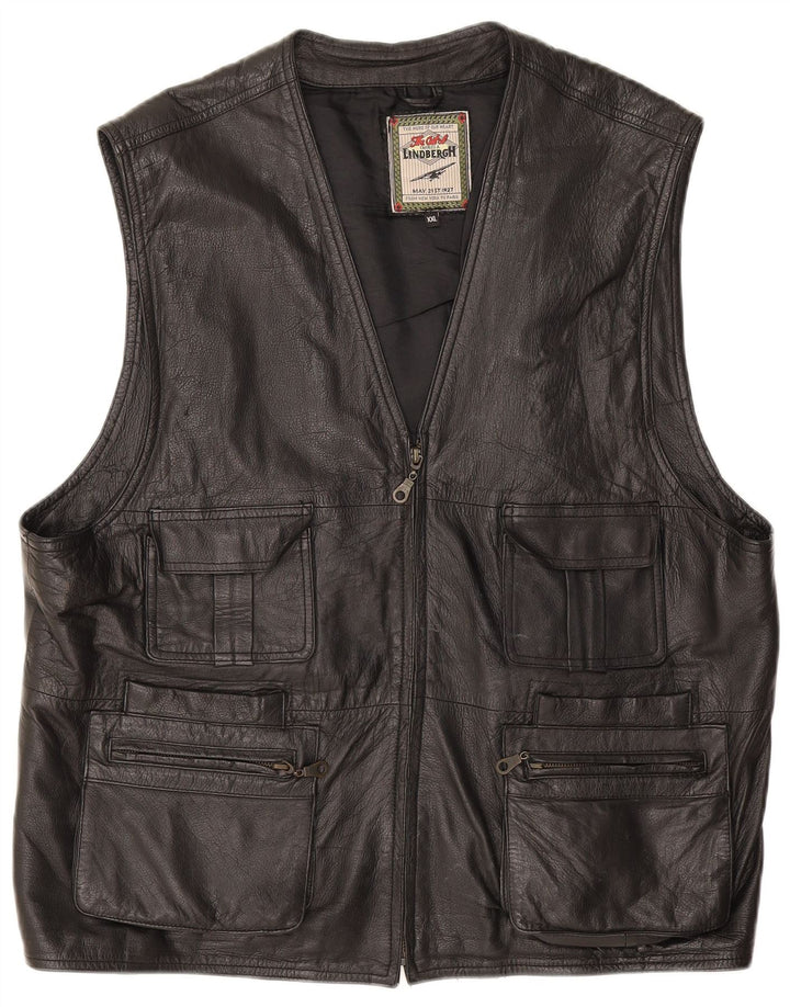 Lindbergh Mens Leather Utility Gilet UK 44 2XL Sort