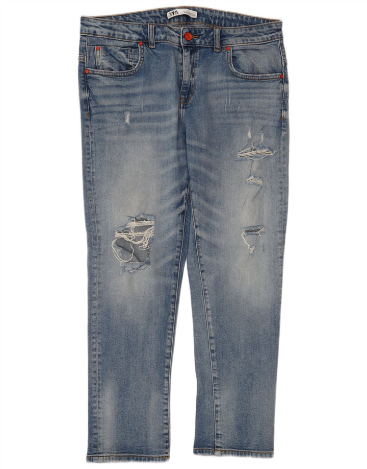 Zara Dame Distressed Straight Jeans EU 42 Large W32 L28 Blå Bomuld