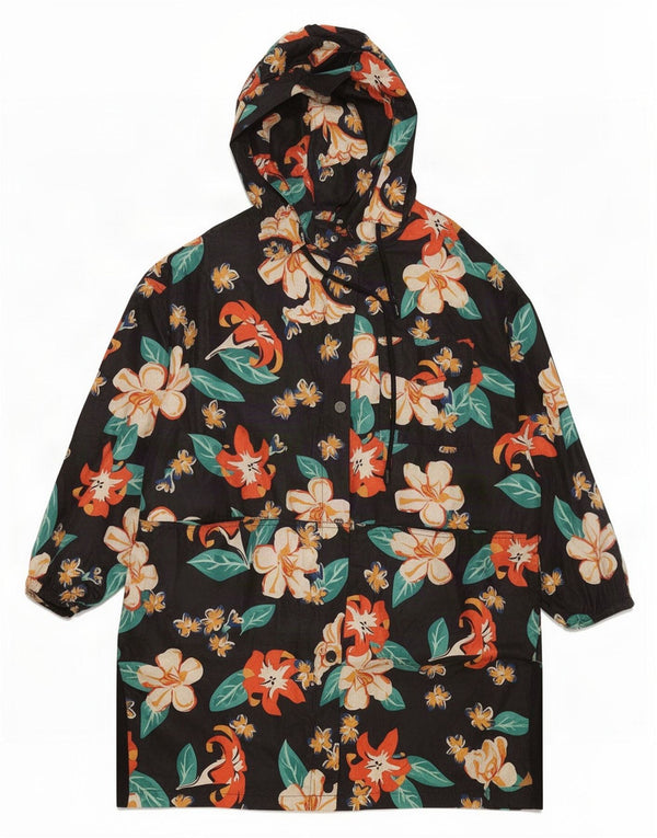 Zara Dame Oversized Hooded Raincoat UK 10 Small Navy Blue Floral
