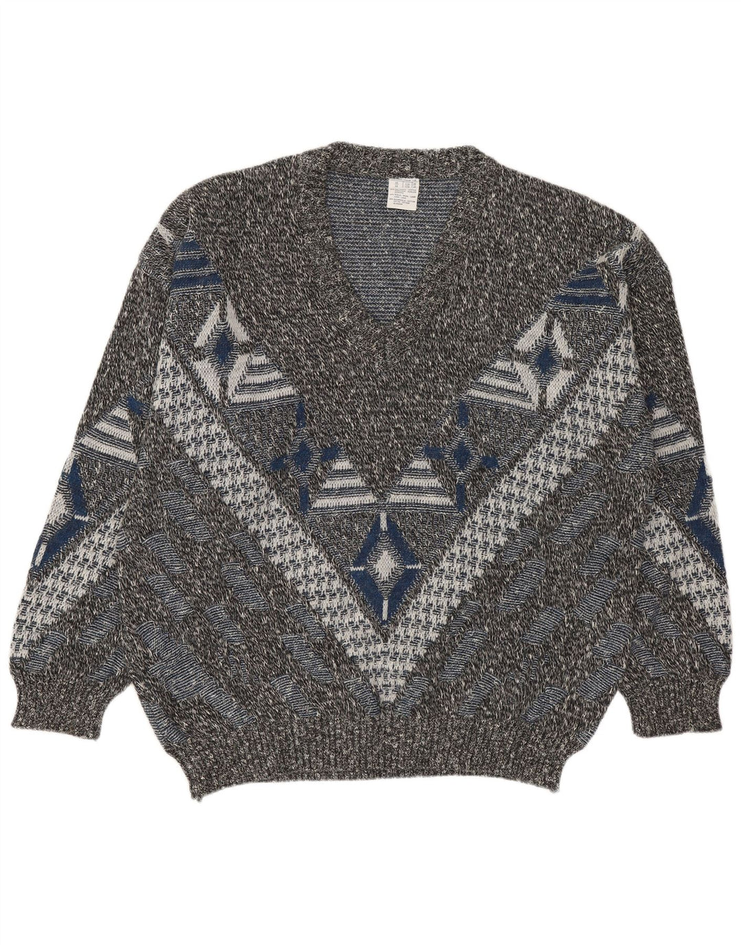 VINTAGE Herre V-hals sweater UK 46/48 2XL Flerfarvet Geometrisk