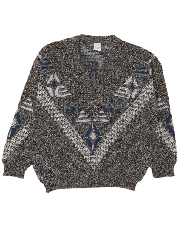 VINTAGE Herre V-hals sweater UK 46/48 2XL Flerfarvet Geometrisk