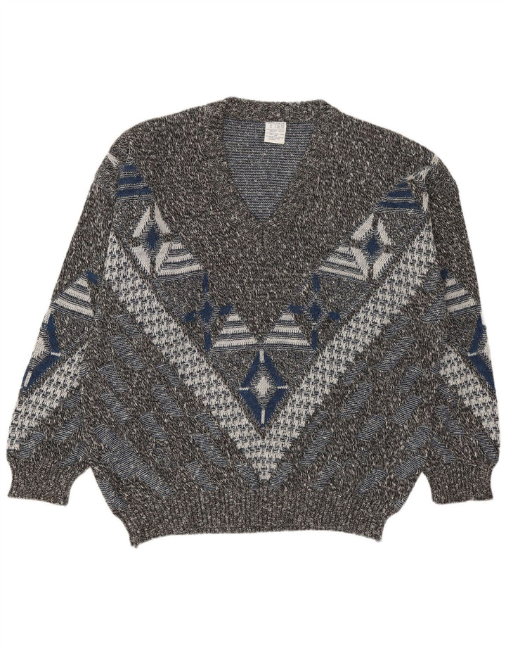 VINTAGE Herre V-hals sweater UK 46/48 2XL Flerfarvet Geometrisk