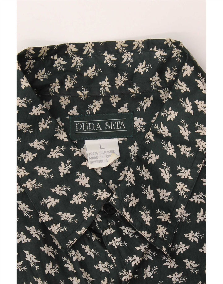Vintage kortærmet herreskjorte stor grøn blomstersilke