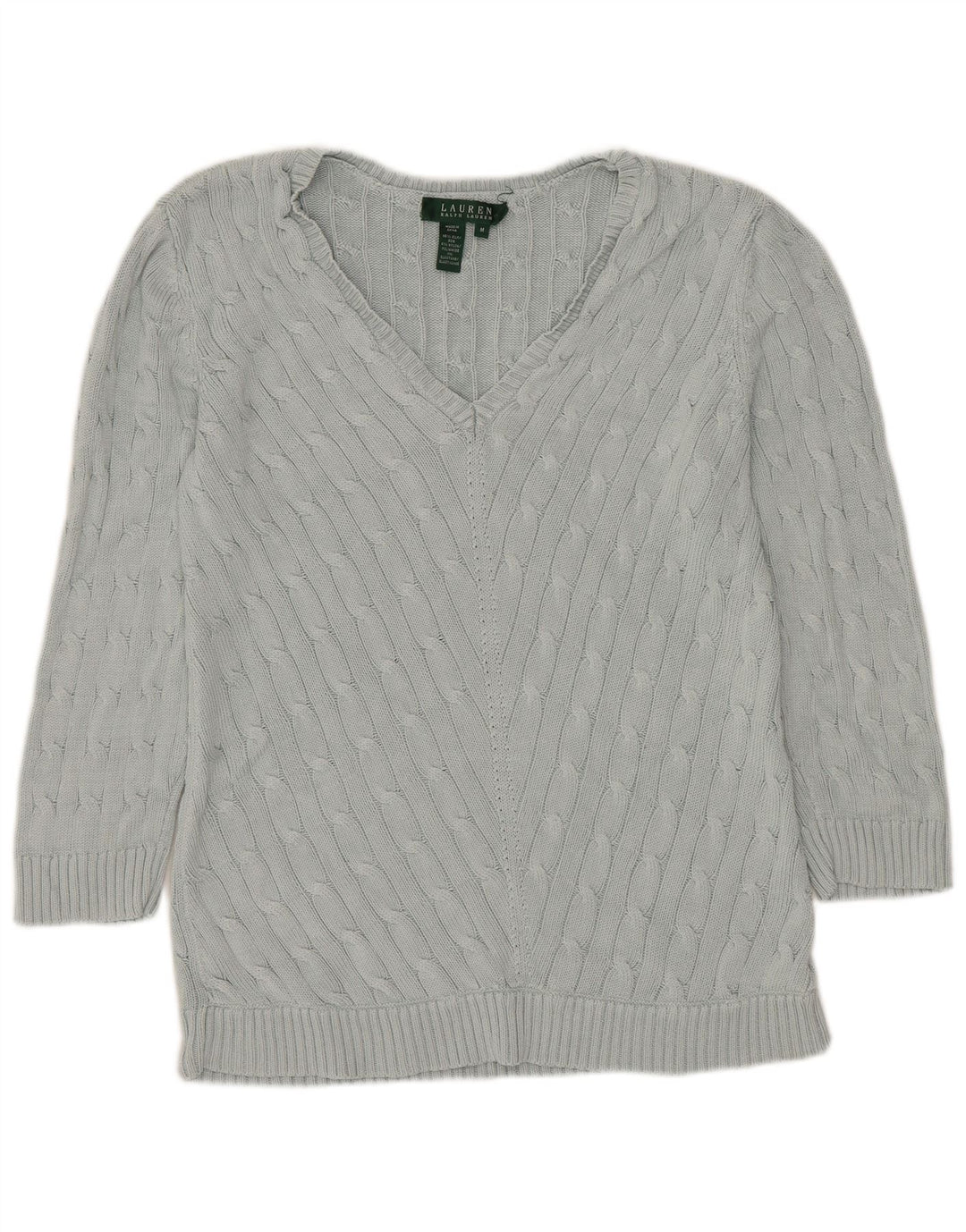 Ralph Lauren Dame 3/4-ærmet V-hals sweater UK 12 Medium Blue Silke