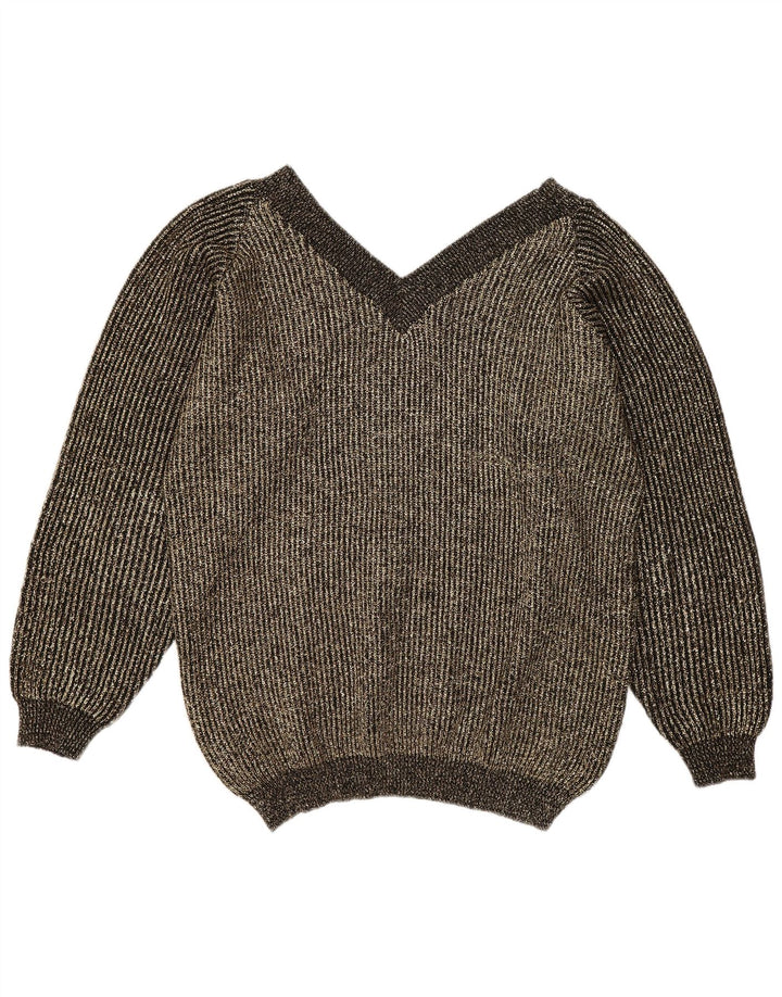 Vintage Dame Oversized V-hals sweater EU 40 Medium Gold Flecked