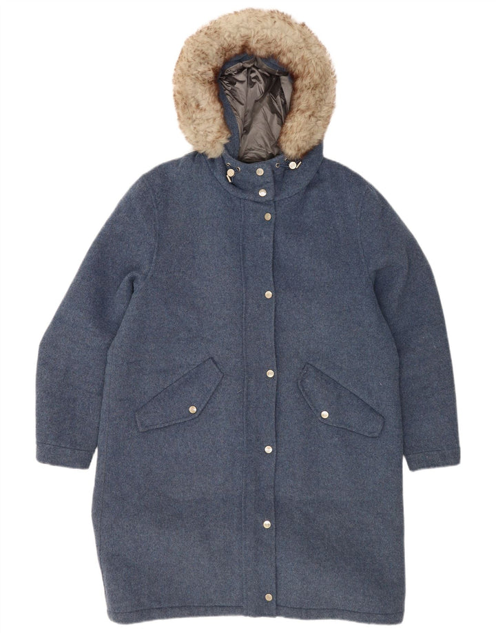 Massimo Dutti Dame Hætte Oversized Overfrakke UK 16 Large Blue Wool