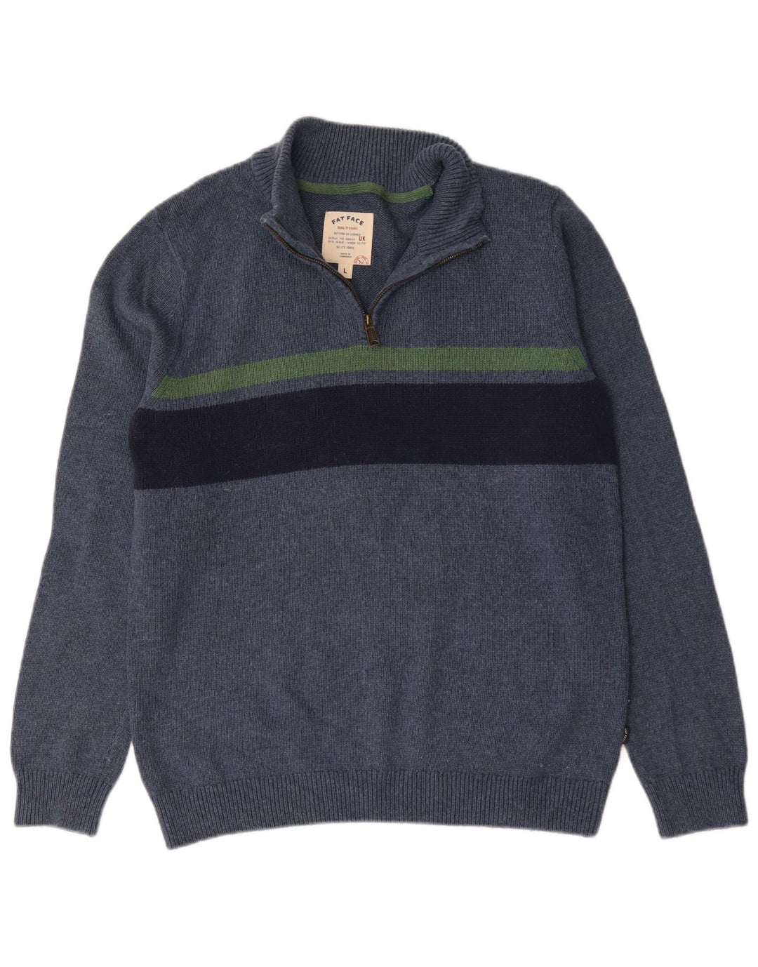 Fedt ansigt herre lynlås-hals sweater stor marineblå stribet bomuld