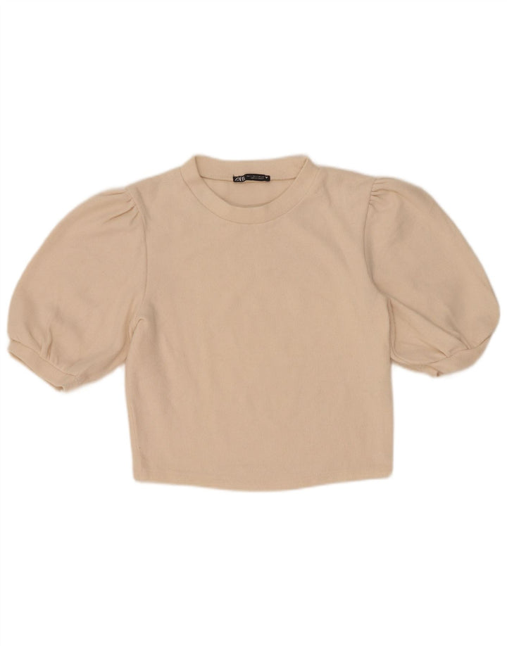 Zara Womens Crop Bluse Top UK 10 Small Beige Bomuld