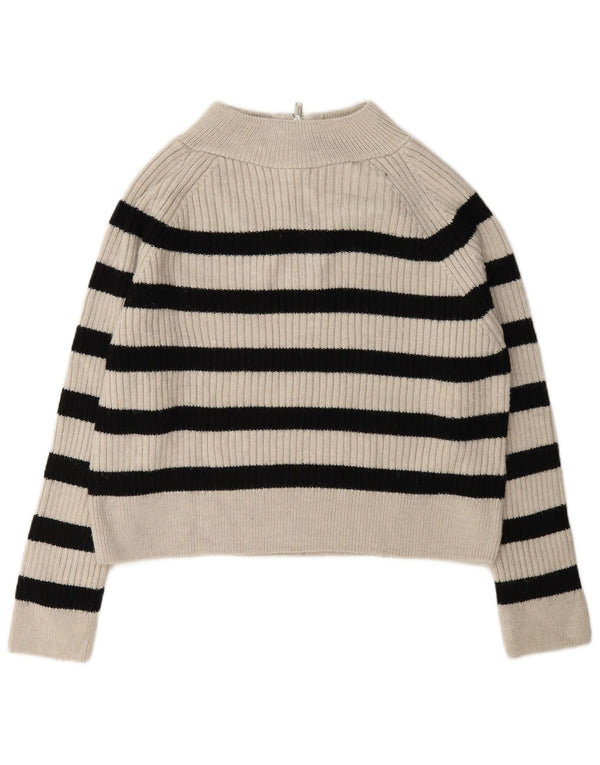Zara Dame Zip Neck Jumper Sweater UK 14 Medium Off White Stribet akryl