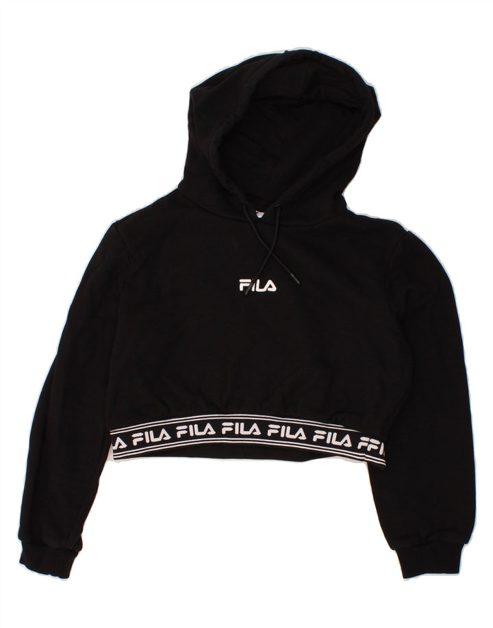 FILA Womens Crop Graphic Hoodie Jumper UK 12 Medium Black Vintage Fila and Second-Hand Fila from Messina Hembry 