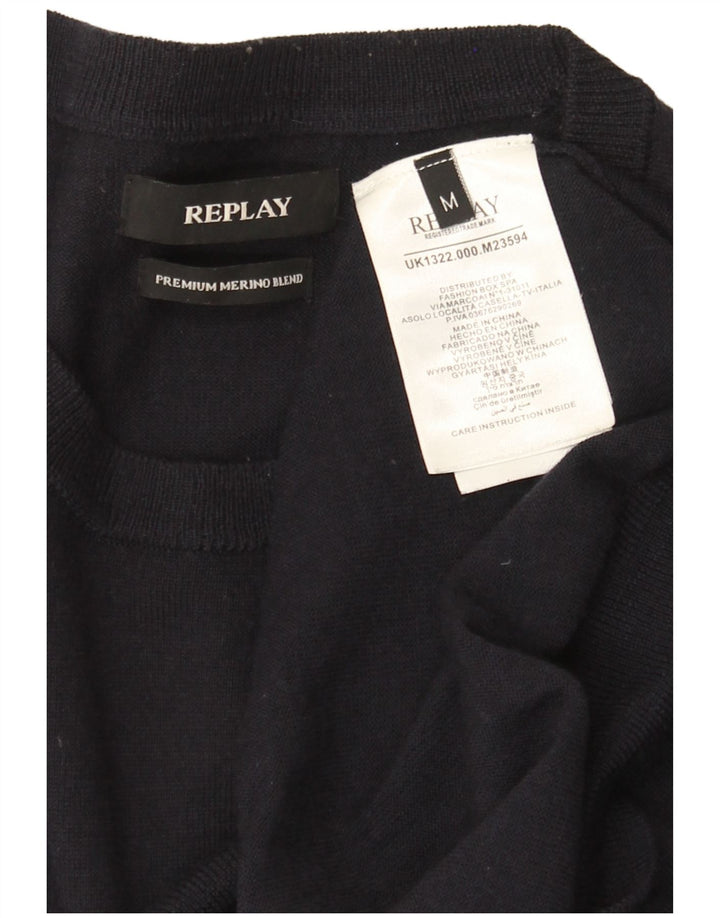Replay Herre Crew Neck Jumper Sweater Medium Navy Blue Merino Wool