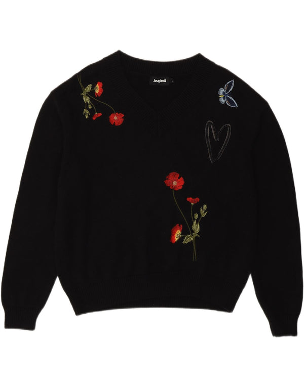 Desigual Dame Loose Fit V-hals Jumper Sweater UK 14 Large Black Floral
