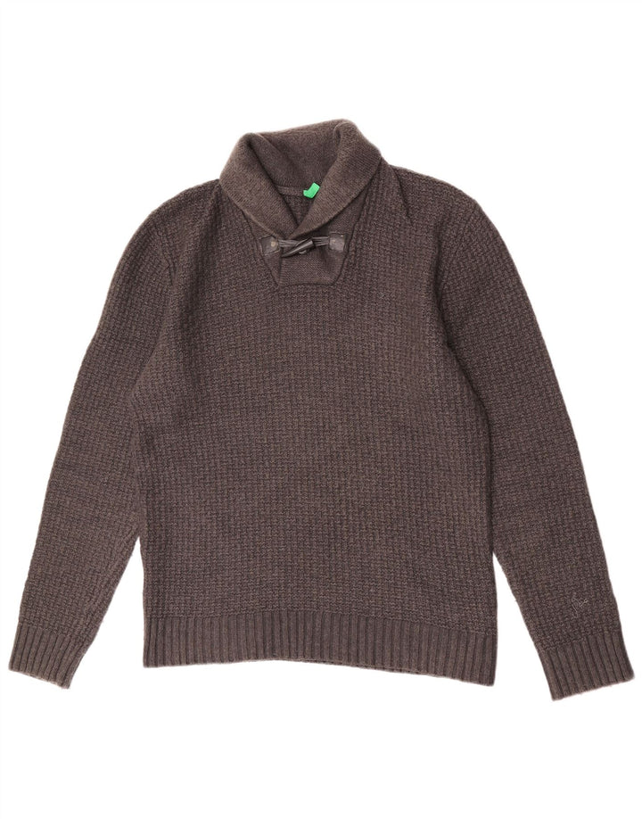 Benetton Herre Sjal Hals Jumper Sweater Stor Grå Uld