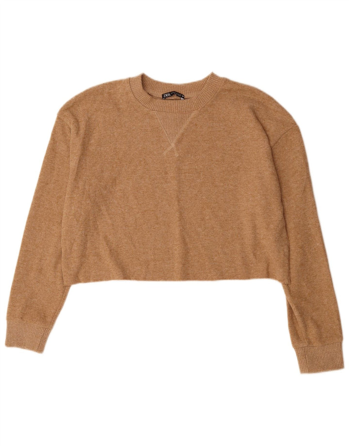 ZARA Womens Crop Jumper Sweater UK 14 Medium Beige Polyester