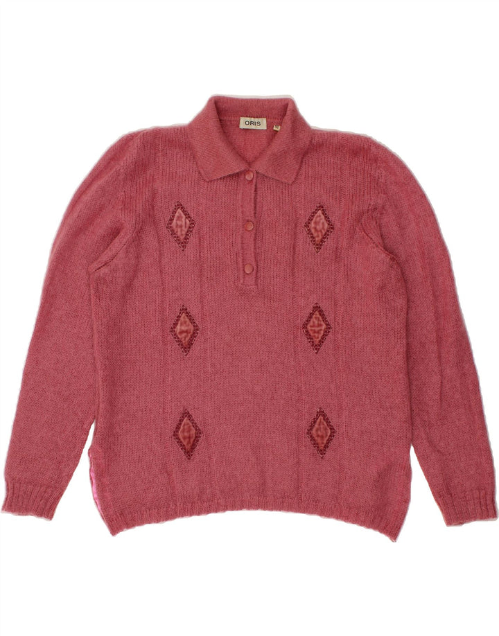 ORIS Womens Polo Neck Jumper Sweater IT 50 XL Pink Argyle/Diamond Vintage Oris and Second-Hand Oris from Messina Hembry 