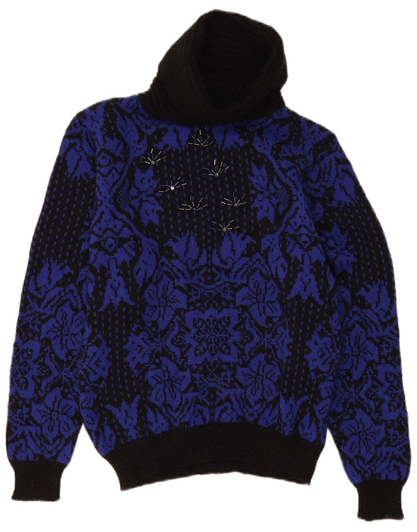 Vintage Dame Roll Neck Jumper Sweater UK 14 Medium Black Floral