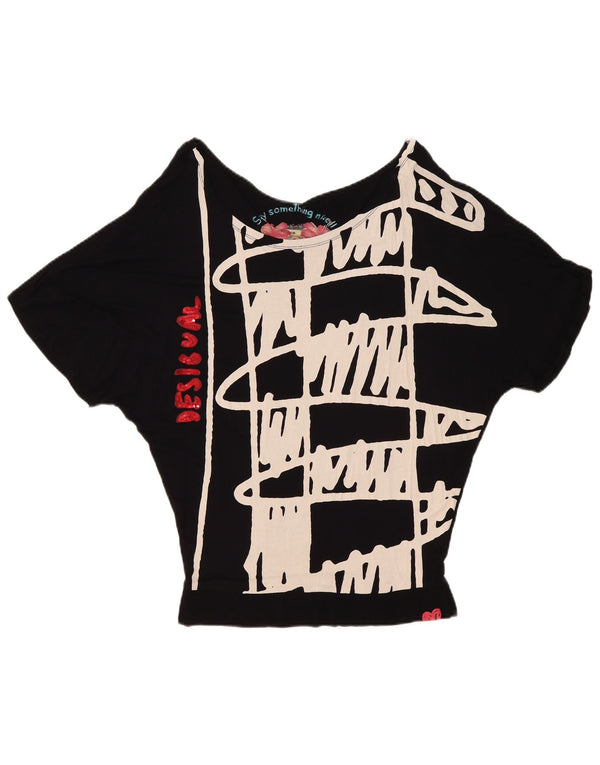 Desigual Dame Grafisk Batwing Bluse Top UK 10 Small Black Geometric