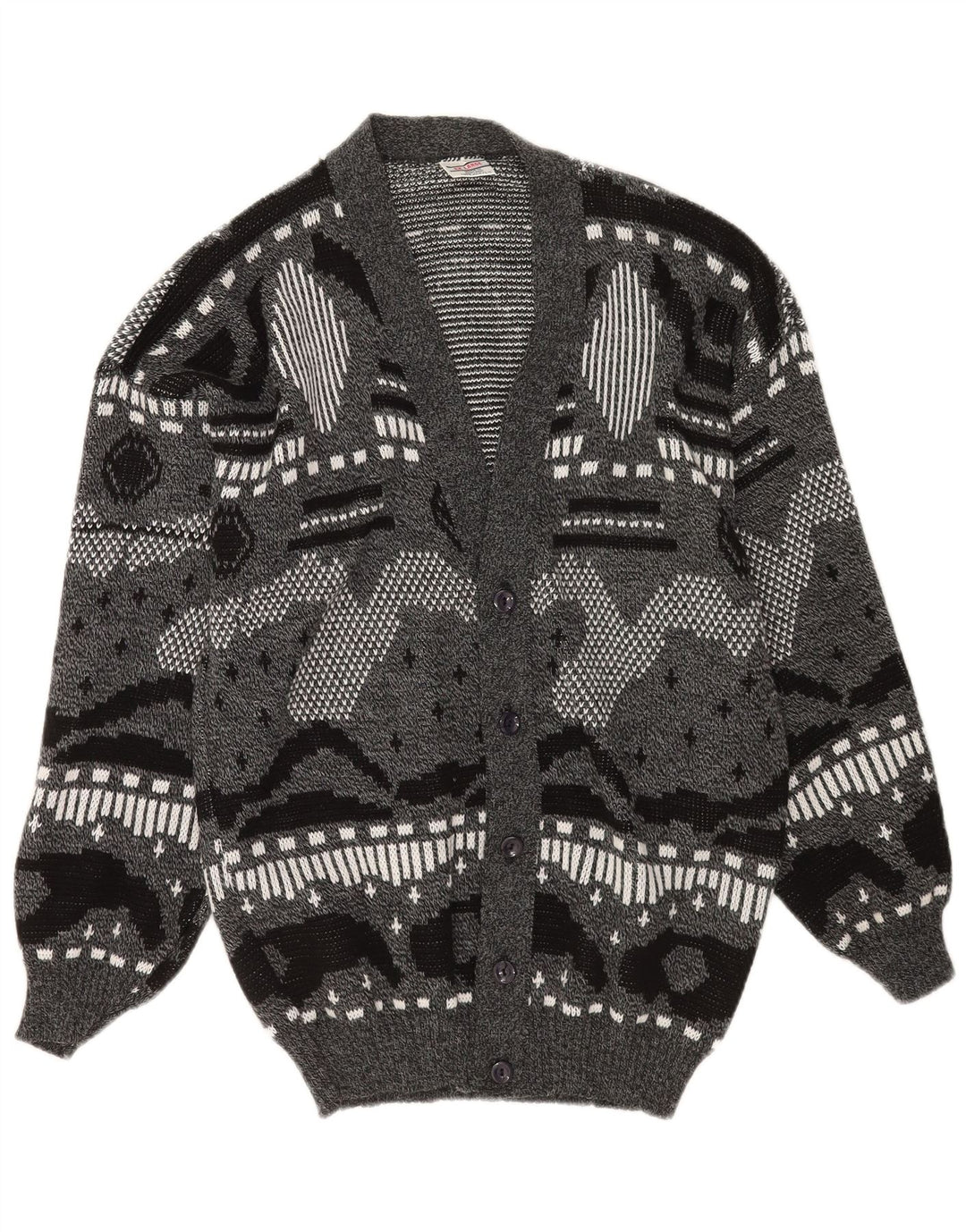 Vintage herre cardigan sweater XL Grå geometrisk akryl