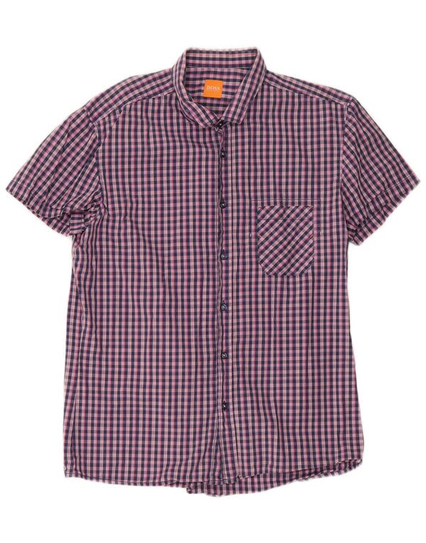 Hugo Boss Kortærmet Herreskjorte Stor Marineblå Gingham Bomuld