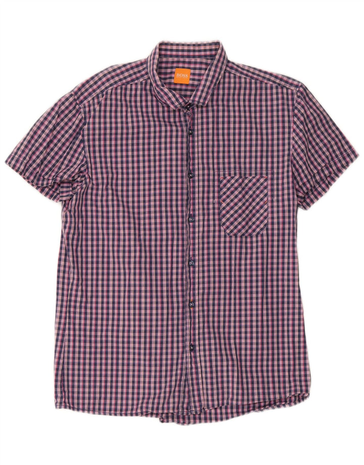 Hugo Boss Kortærmet Herreskjorte Stor Marineblå Gingham Bomuld