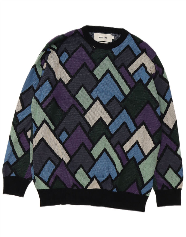 Vintage mænd med rund hals sweater medium flerfarvet geometrisk bomuld