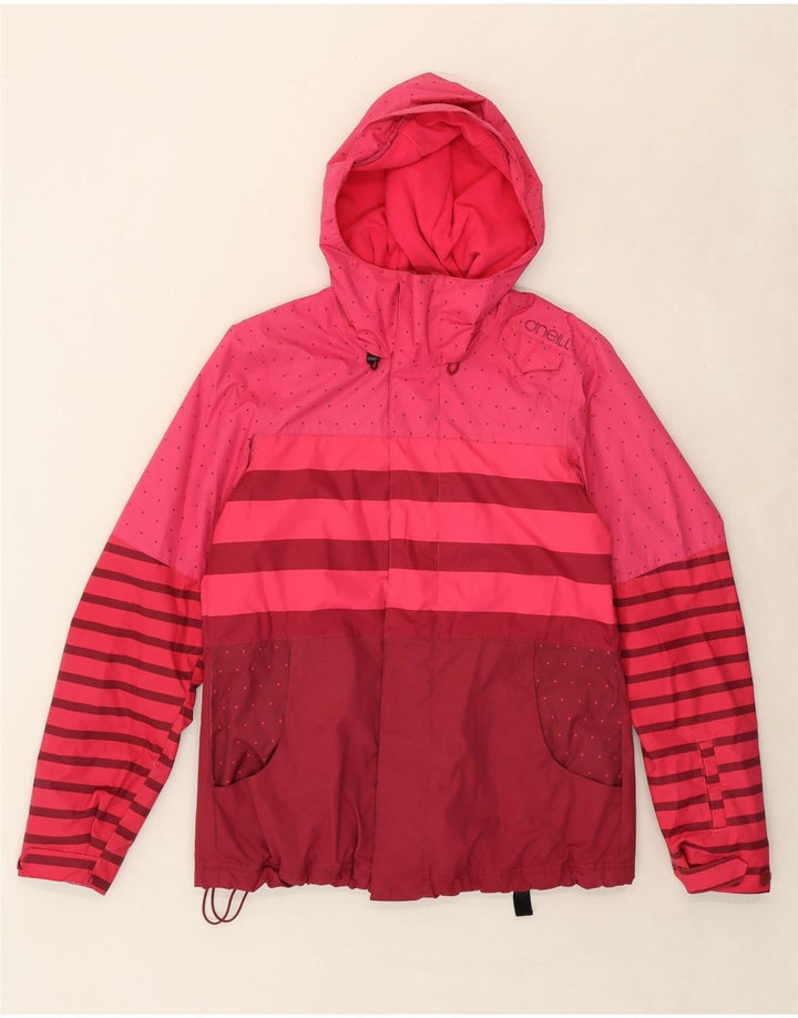 O'NEILL Womens Hooded Rain Jacket UK 14 Medium Pink Striped Polyester Vintage O'Neill and Second-Hand O'Neill from Messina Hembry 