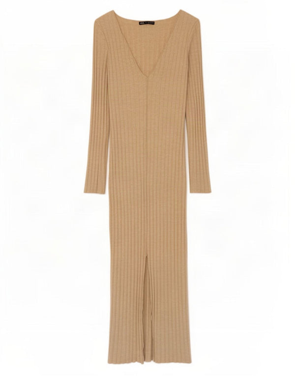 Zara Dame Langærmet Maxikjole UK 8 Small Beige Viscose