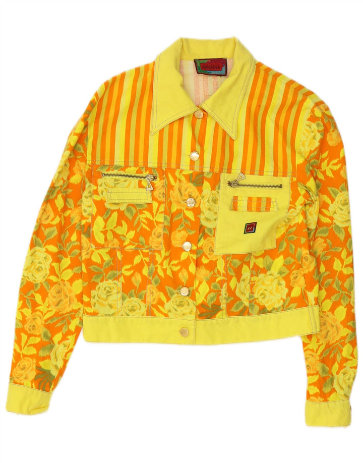 Vintage Dame Crop Bomber Jacket EU 38 Medium Yellow Floral Cotton