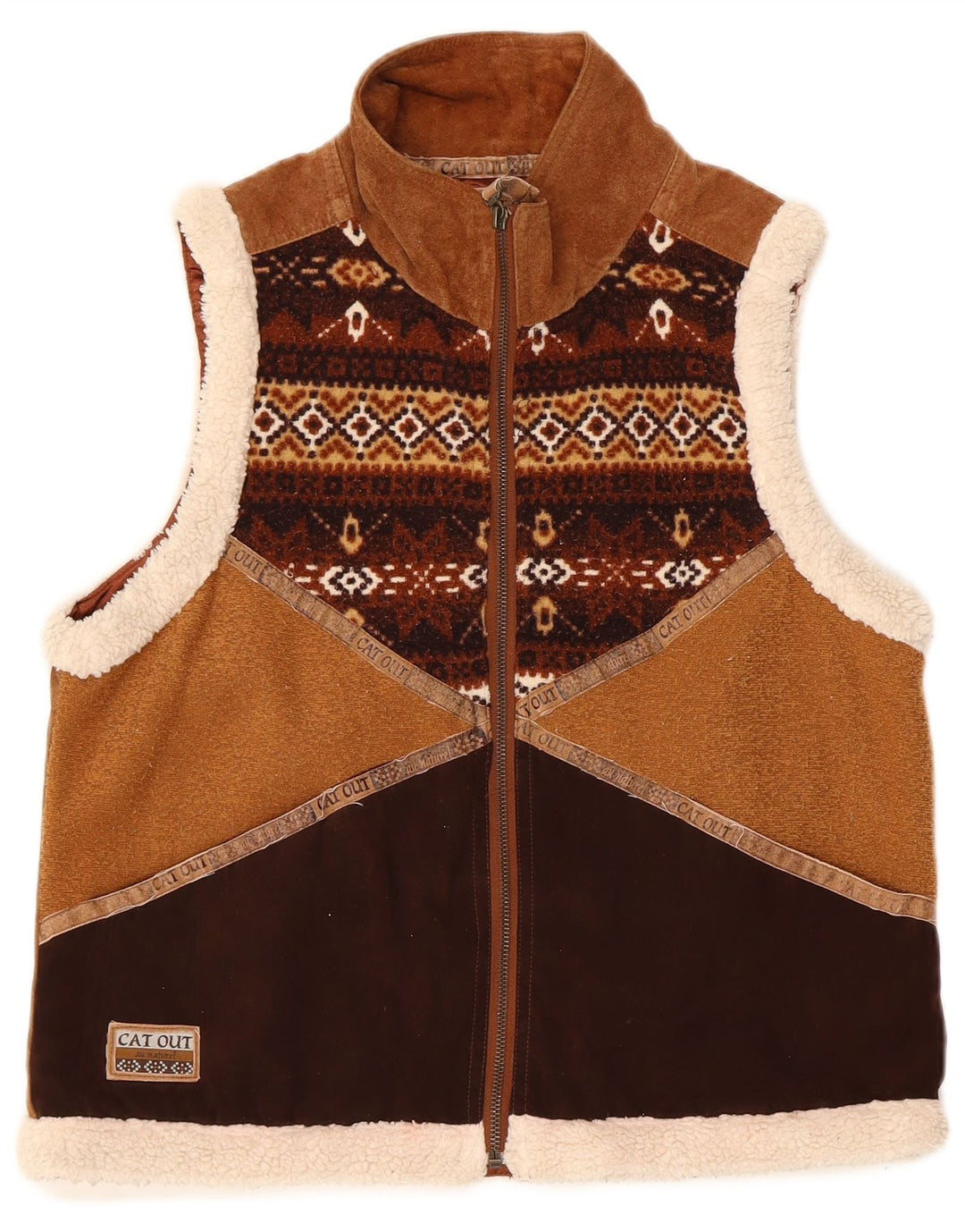 Vintage dame ruskind Gilet UK 14 medium brun geometrisk læder
