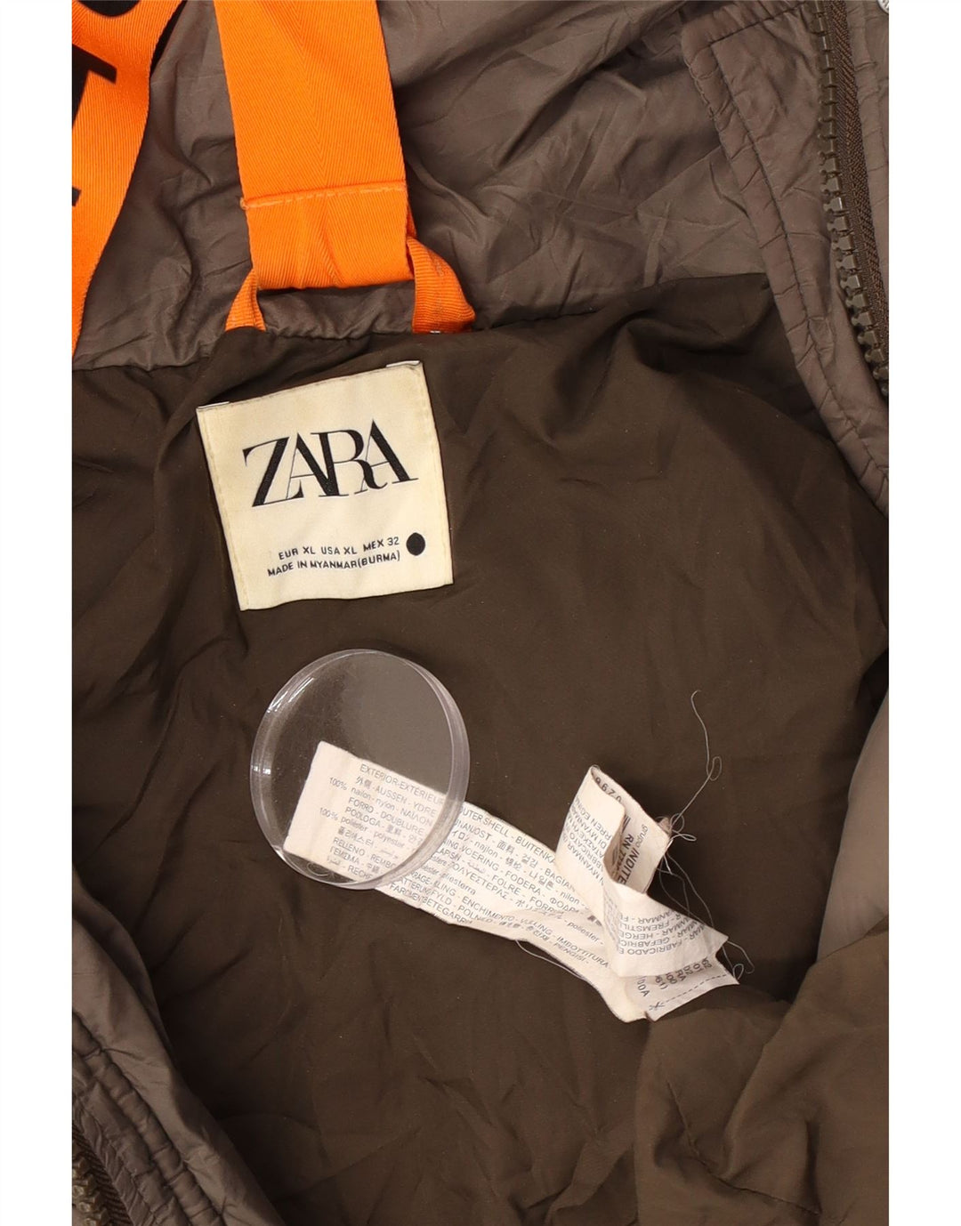 Zara Dame Hætte Oversized Polstret Jakke UK 18 XL Brun Nylon
