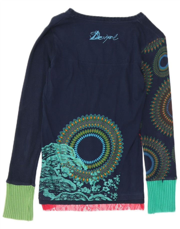 Desigual Dame Grafisk Top Langærmet UK 12 Medium Navy Blue Bomuld
