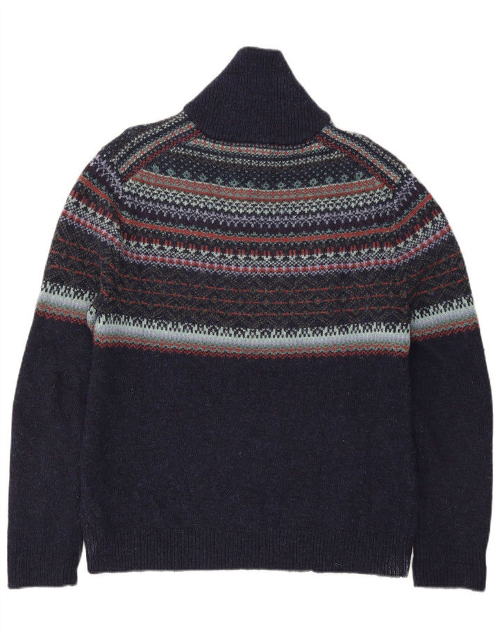 White Stuff Herre Polo Neck Jumper Sweater Large Navy Blue Fair Isle Wool