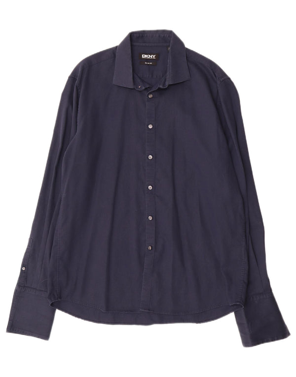 DKNY Herre Slim Fit skjorte Størrelse 17 1/2 44 XL Marineblå Bomuld