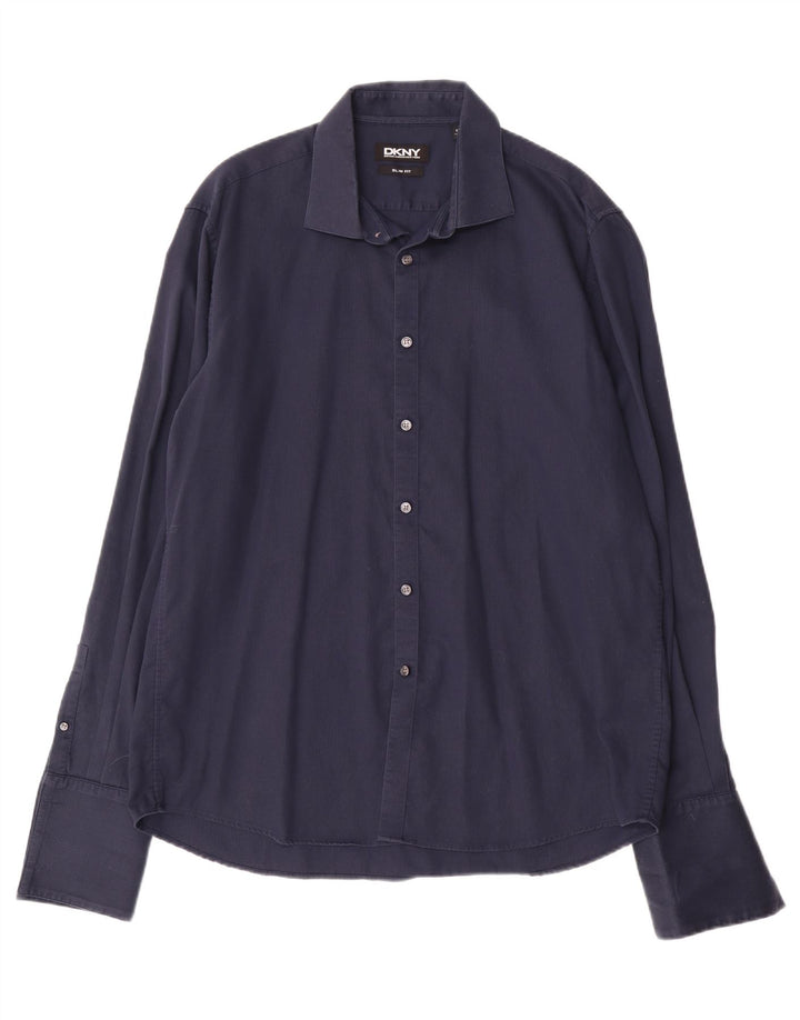 DKNY Herre Slim Fit skjorte Størrelse 17 1/2 44 XL Marineblå Bomuld