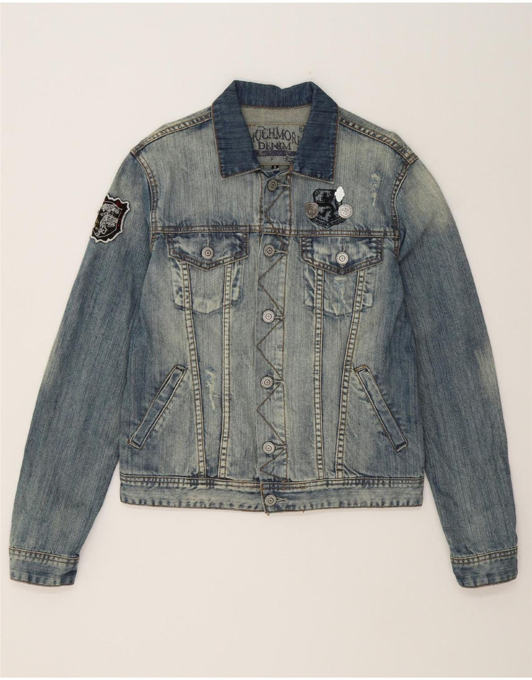 VINTAGE Mens Graphic Denim Jacket UK 36 Small Blue Cotton Vintage Vintage and Second-Hand Vintage from Messina Hembry 
