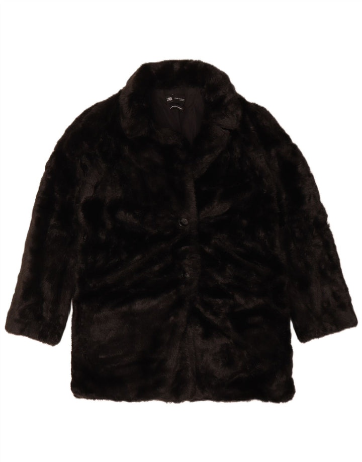 Zara Dame Oversized Faux Fur Overfrakke UK 6 XS Sort Polyester