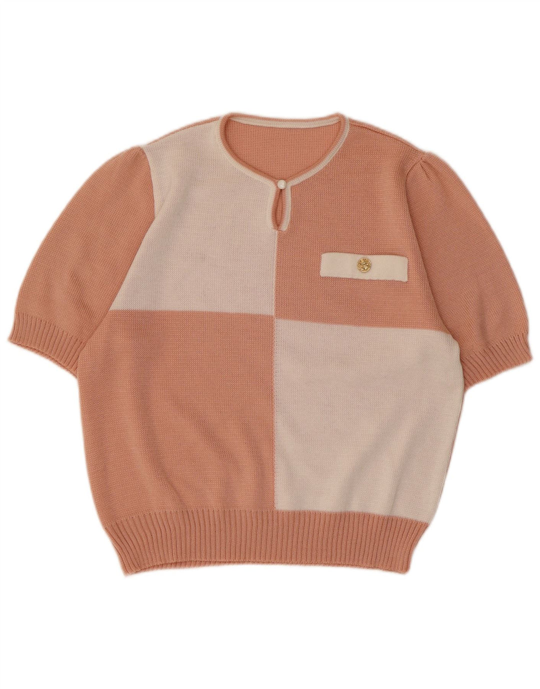 Vintage Dame V-hals sweater UK 12 Medium Pink Colourblock