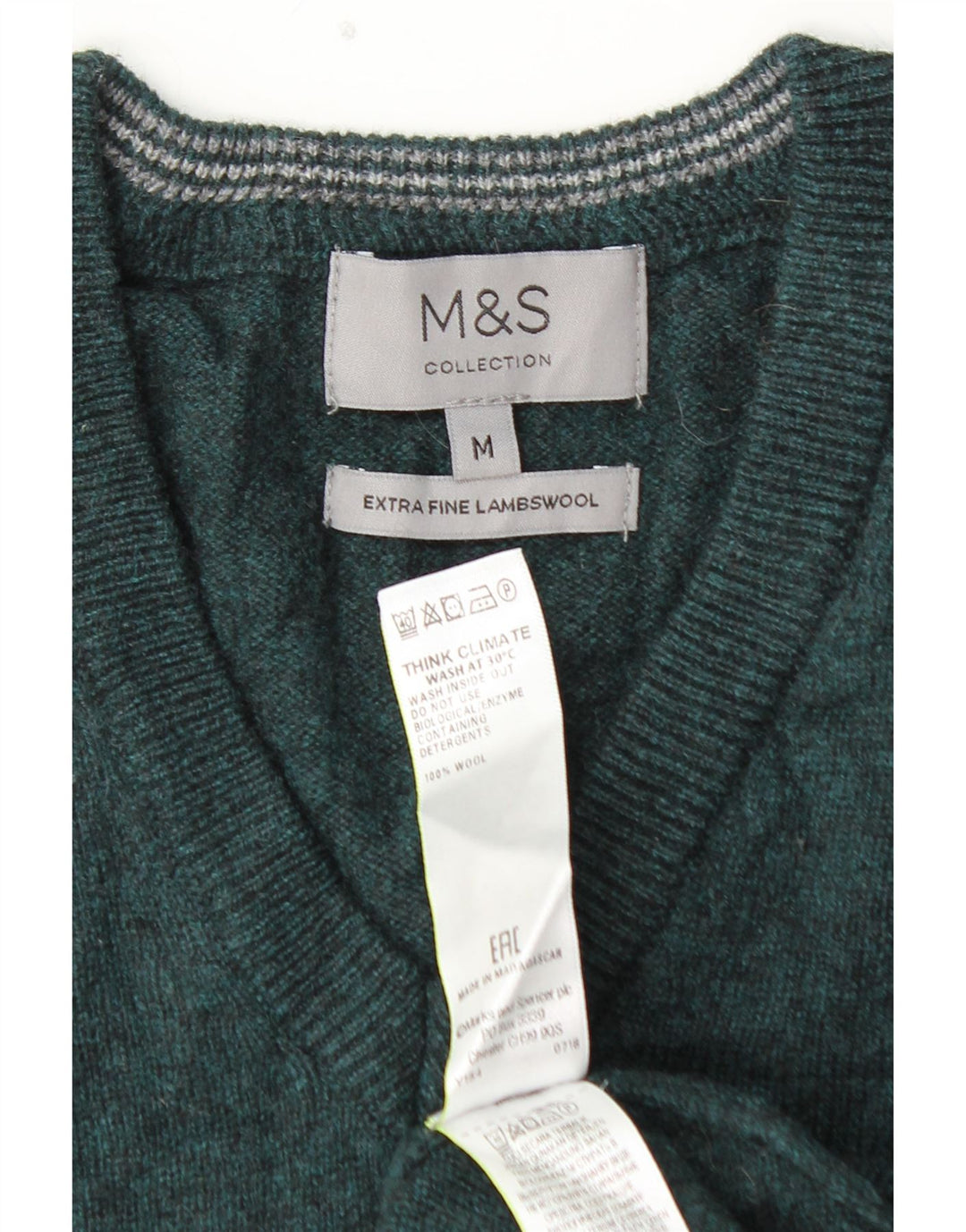 MARKS & SPENCER Herre V-hals sweater Medium Grøn lammeuld