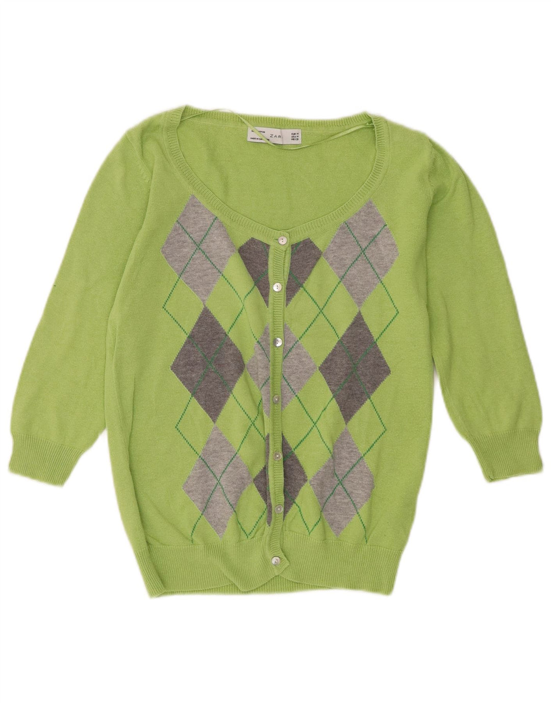 Zara Dame Cardigan Sweater UK 12 Medium Green Argyle/Diamond Bomuld