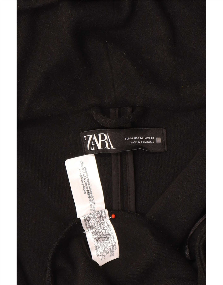 Zara Dame Hætte Overfrakke UK 14 Medium Sort Polyester