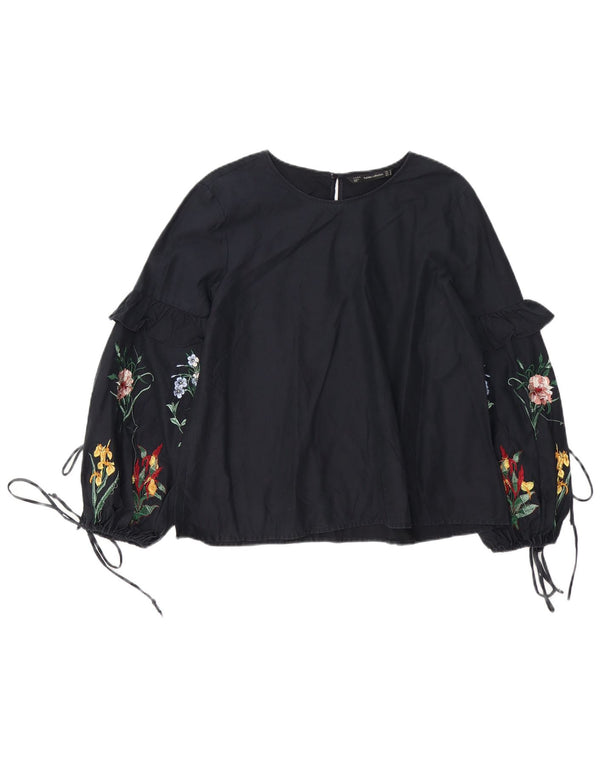 Zara Womens Relaxed Fit Bluse Top UK 12 Medium Black Floral Bohemian