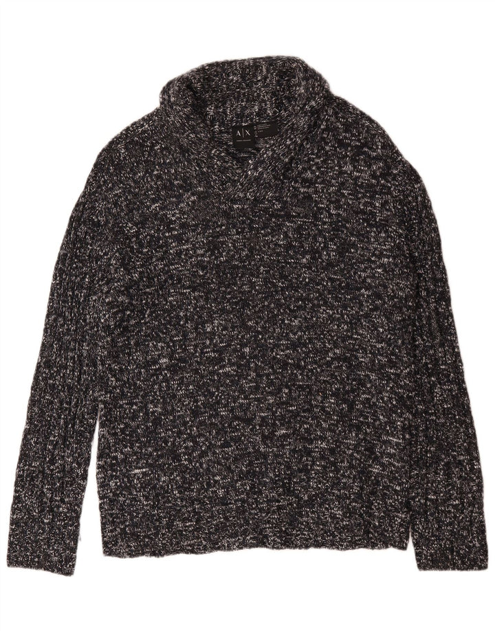 Armani Exchange Herre Shawl Neck Jumper Sweater Large Sort Flecked Acryl