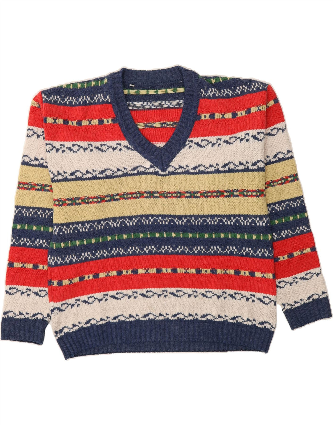 VINTAGE Mens V-Neck Jumper Sweater Medium Multicoloured Striped Vintage Vintage and Second-Hand Vintage from Messina Hembry 