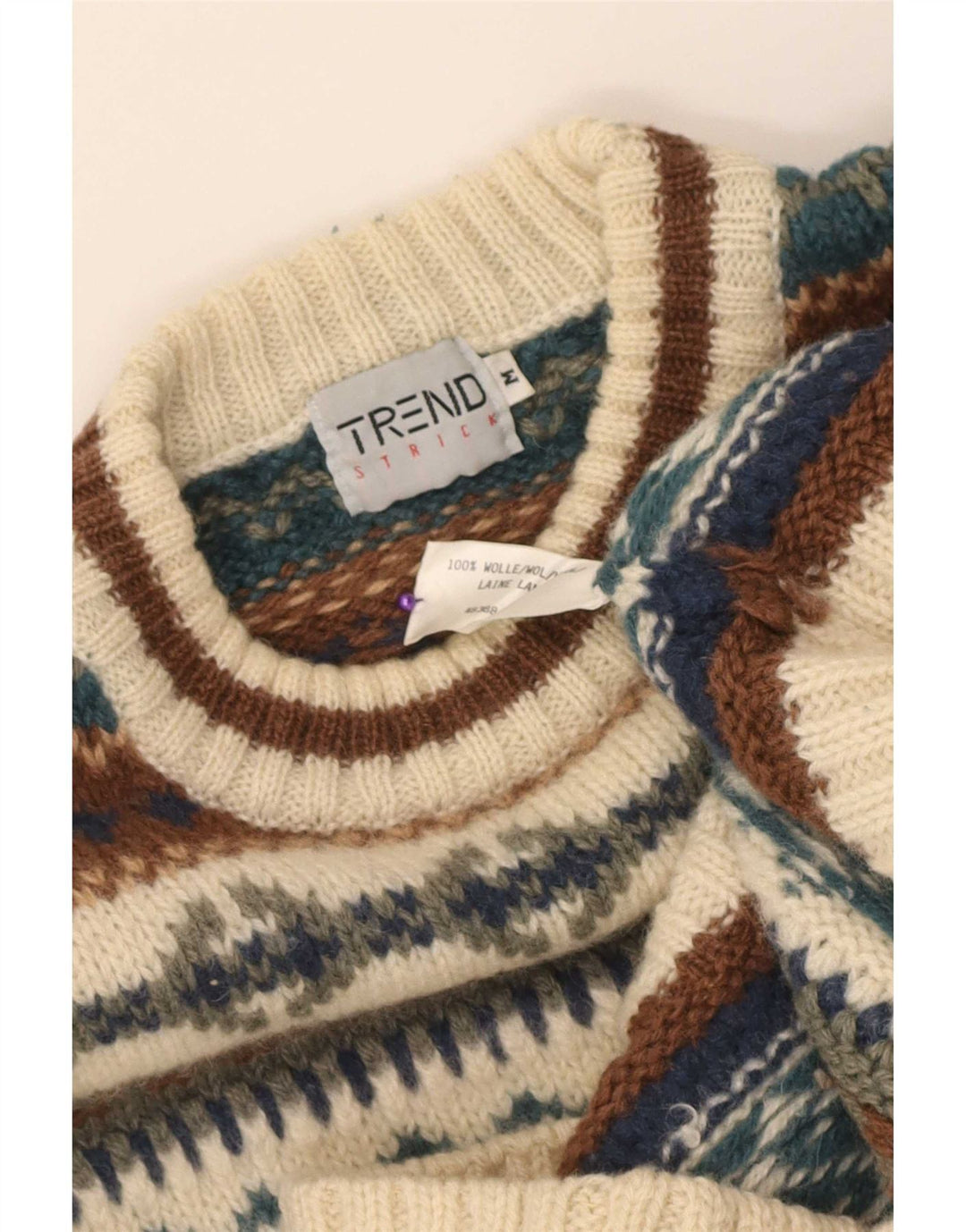 Vintage trøje med rund hals til mænd Medium Beige Fair Isle Wool